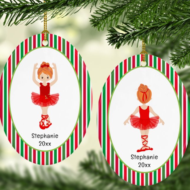 Personalized Red Ballerina Stripes Christmas Ceramic Ornament (Red Ballerina Stripes Personalized Christmas Ceramic Ornament)