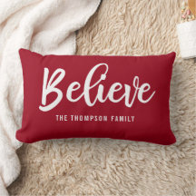 Personalized Red Believe Script Christmas Pillow