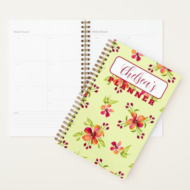 Personalized Red Berry Blooms on Green Planner (Display)