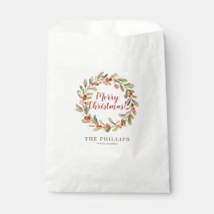 Personalized Red Berry Christmas Wreath Favor Bag