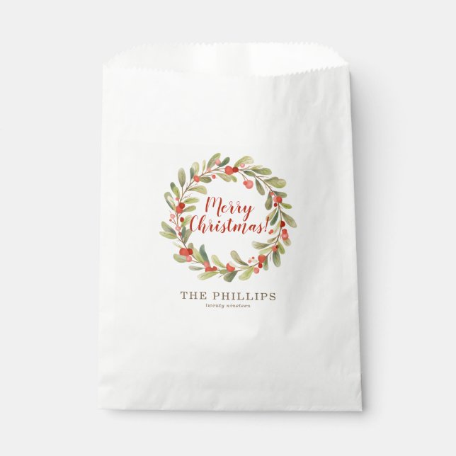 Personalized Red Berry Christmas Wreath Favor Bag (Front)