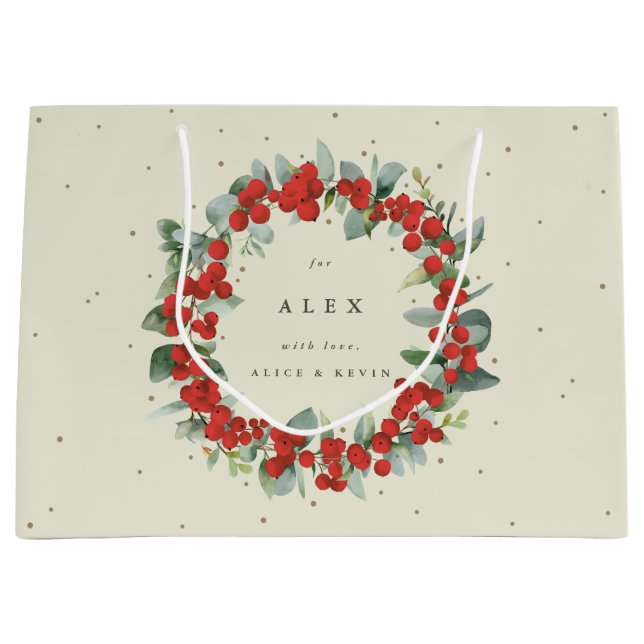 Personalized Red Berry+Eucalyptus Christmas Large Gift Bag (Front)
