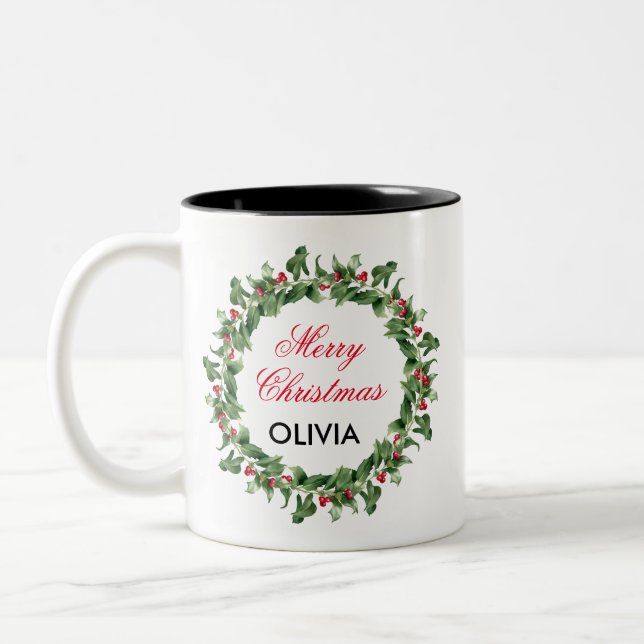 Personalized Red Berry Holly Christmas  Two-Tone Coffee Mug (Left)