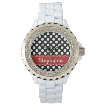 Personalized Red Black And White Polka Dot Watch by cutecustomgifts at Zazzle