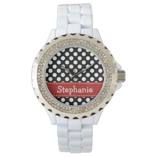 Personalized Red Black and White Polka Dot Watch