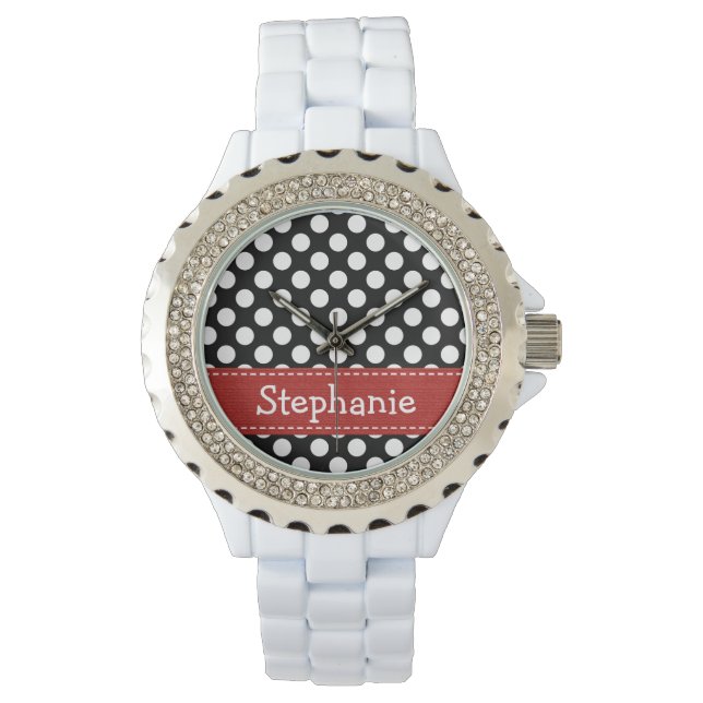Personalized Red Black and White Polka Dot Watch (Front)