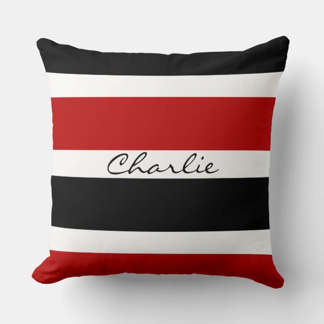 Personalized Red, Black, and White Stripes Throw Pillow (Front)
