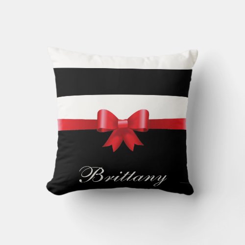 Personalized RED Black Bold Stripes ELEGANT BOW Throw Pillow