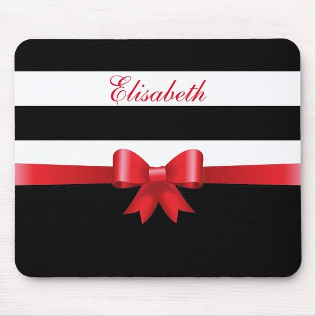 Personalized RED, Black Bold Stripes RED BOW Mouse Pad (Front)