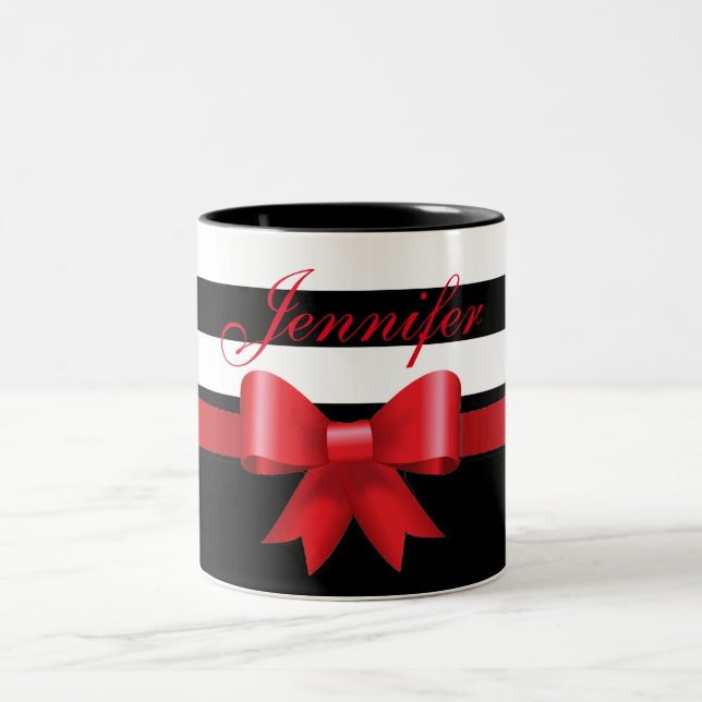Personalized Red Black Bold Stripes red BOW Two-Tone Coffee Mug (Center)