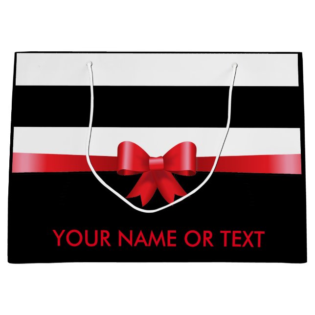 Personalized RED Black Bold Stripes RED SATIN BOW Large Gift Bag (Front)