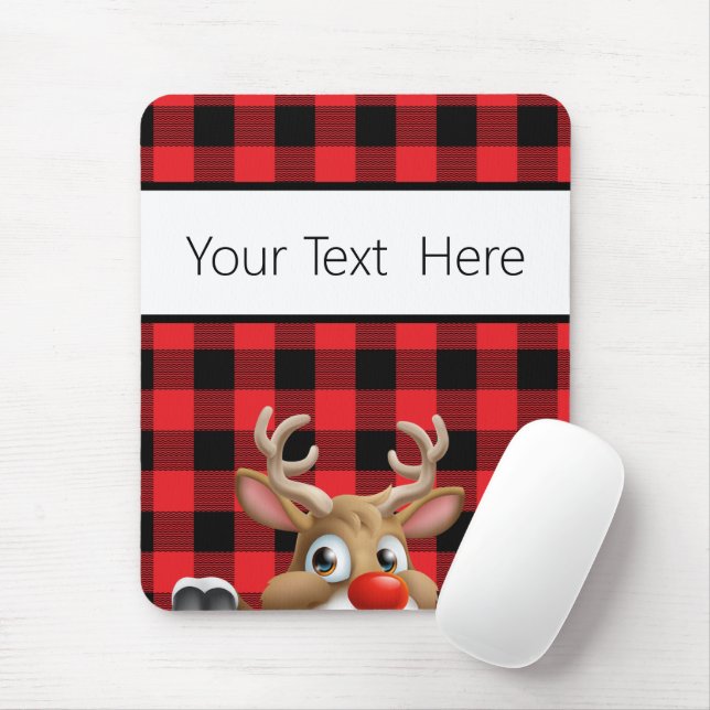 Personalized Red Black Buffalo Check Reindeer Mouse Pad (With Mouse)