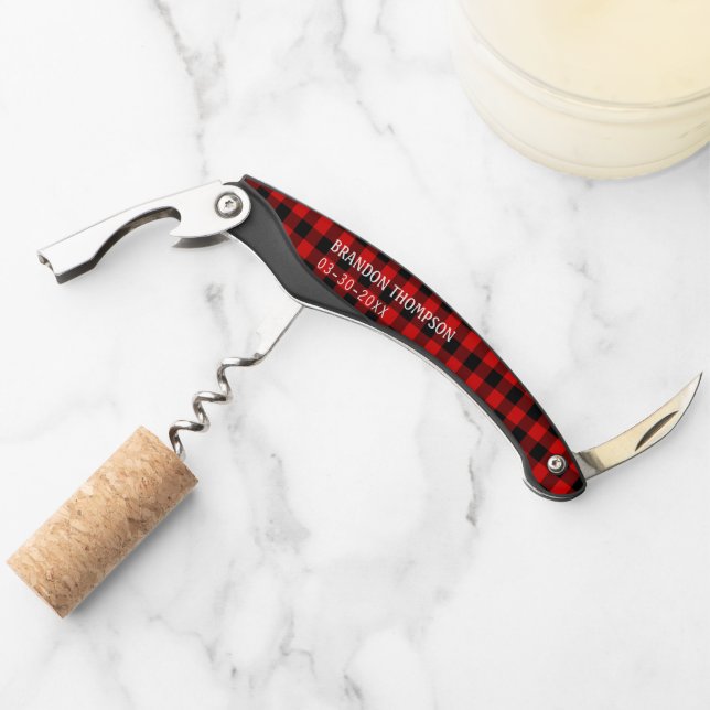 Personalized Red Black Buffalo Lumberjack Plaid Waiter's Corkscrew (Front)
