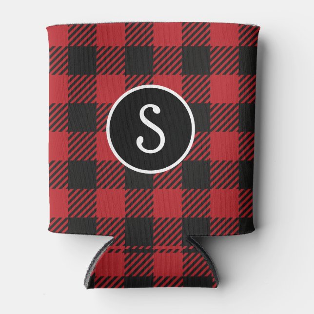 Personalized Red & Black Buffalo Plaid Monogram  Can Cooler (Front)