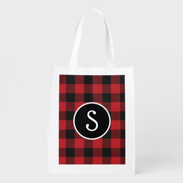 Personalized Red & Black Buffalo Plaid Monogram  Grocery Bag (Back)