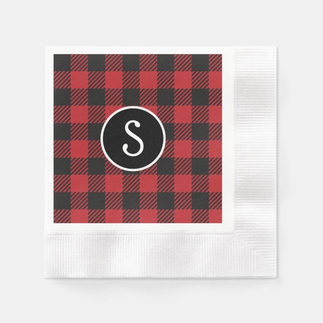 Personalized Red & Black Buffalo Plaid Monogram  Napkins (Front)