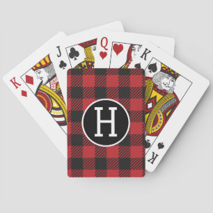 Personalized Red & Black Buffalo Plaid Monogram Poker Cards