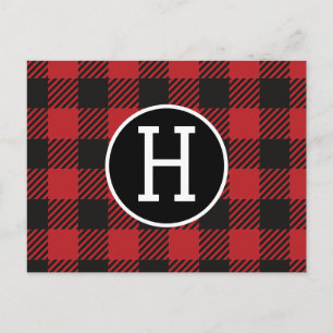 Personalized Red & Black Buffalo Plaid Monogram Postcard