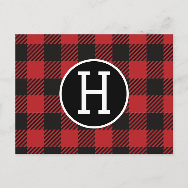 Personalized Red & Black Buffalo Plaid Monogram  Postcard (Front)
