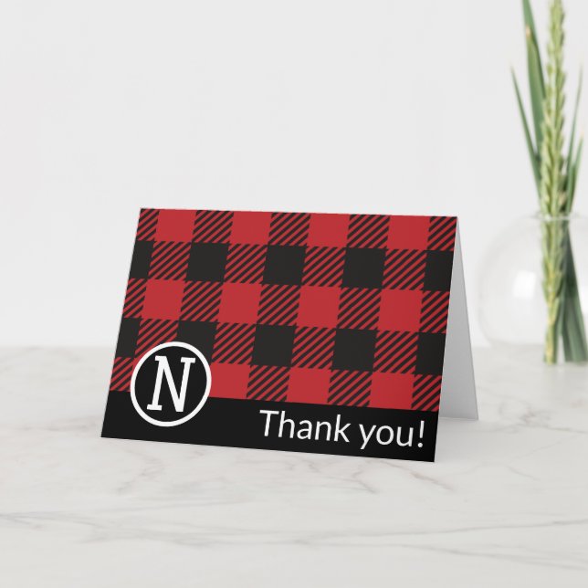 Personalized Red & Black Buffalo Plaid Monogram  Thank You Card (Front)