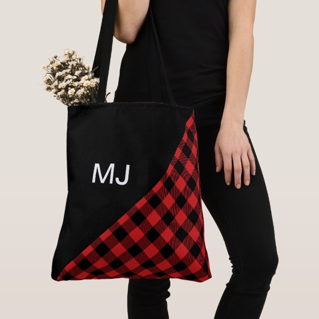 Personalized Red/Black Buffalo Plaid Tote Bag (Close Up)