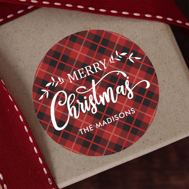 Personalized Red Black Christmas Plaid Classic Round Sticker (Creator Uploaded)
