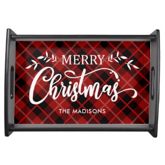 Personalized Red Black Christmas Plaid Serving Tray