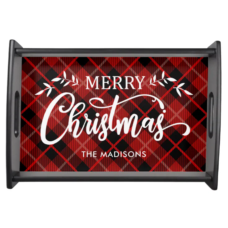 Personalized Red Black Christmas Plaid Serving Tray | Zazzle