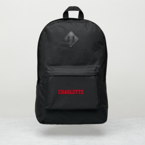 Personalized red black custom name text monogram port authority backpack