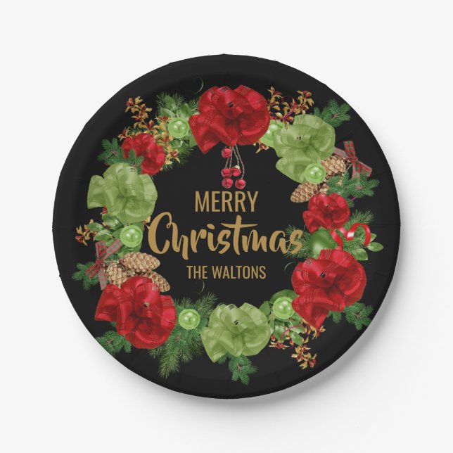 Personalized RED Black Gold MERRY CHRISTMAS Wreath Paper Plates (Front)