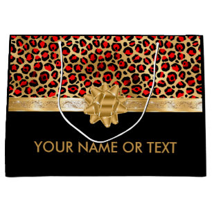 Personalized Red Black Leopard Golden BOW Large Gift Bag