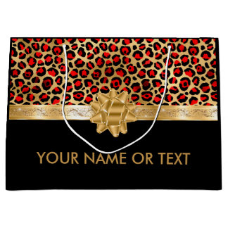 Personalized Red Black Leopard Golden BOW Large Gift Bag
