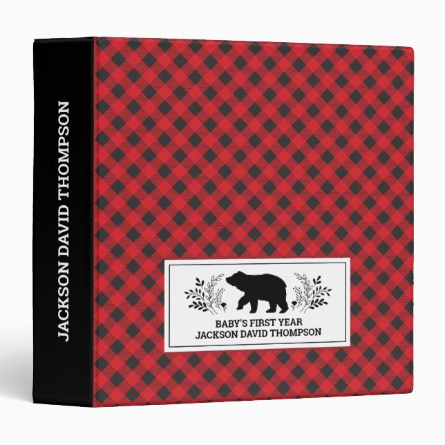 Personalized Red Black Lumberjack Baby Book 3 Ring Binder (Front/Spine)