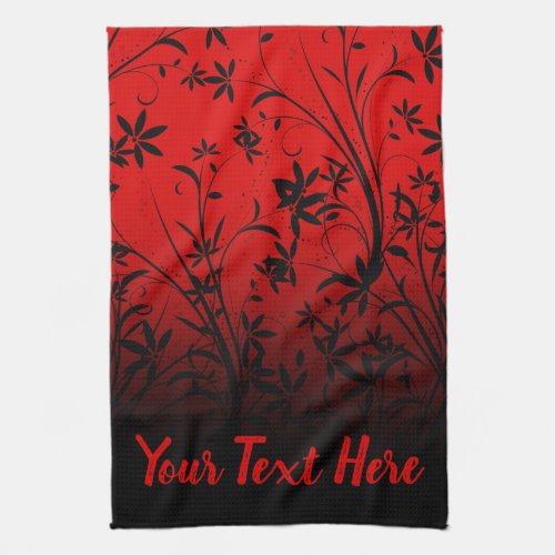 Personalized Red  Black Ombre Floral Kitchen Towel