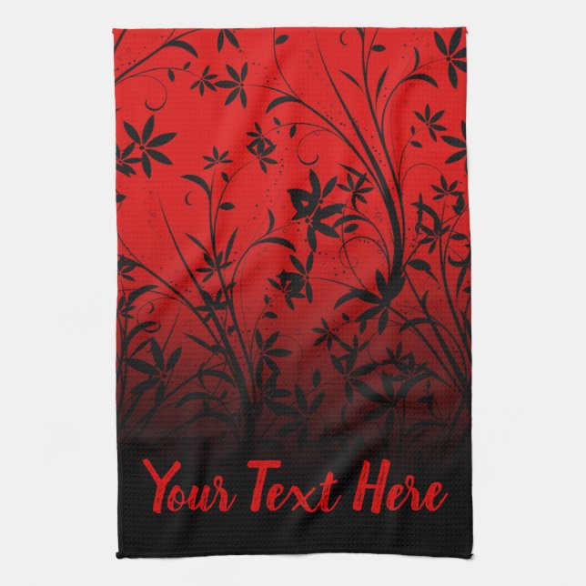 Personalized Red & Black Ombre Floral Kitchen Towel (Vertical)