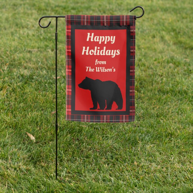 Personalized Red Black Plaid Black Bear Garden Flag (In SItu)