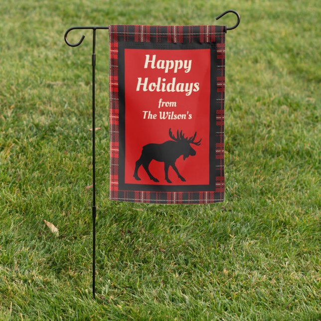 Personalized Red Black Plaid Black Moose Garden Flag (In SItu)