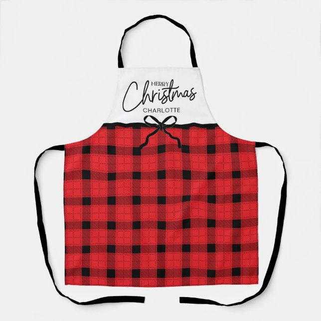 Personalized Red Black Plaid Merry Christmas Apron (Front)