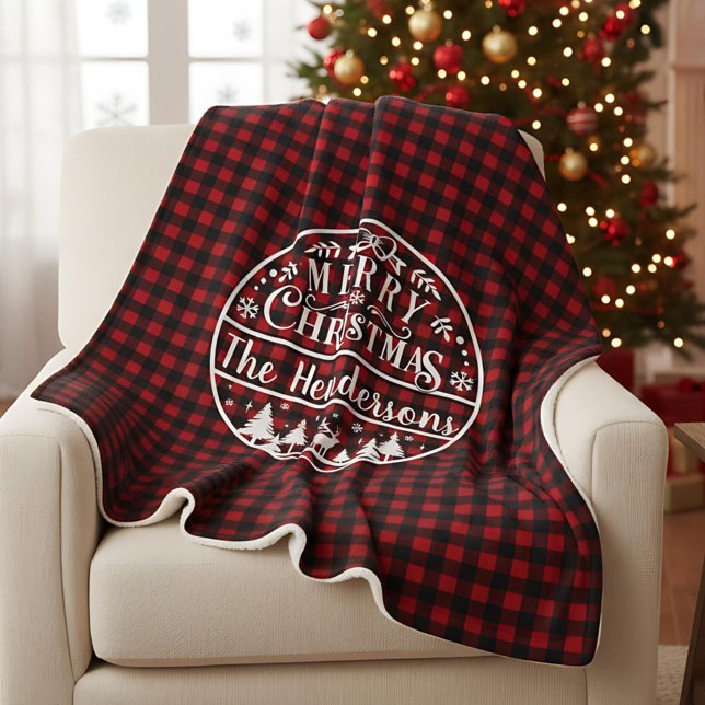 Personalized Red & Black Plaid Merry Christmas Sherpa Blanket (Creator Uploaded)