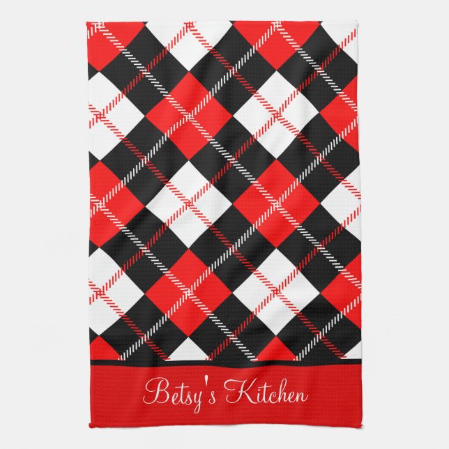 Personalized Red Black White Argyle Plaid  Kitchen Towel (Vertical)