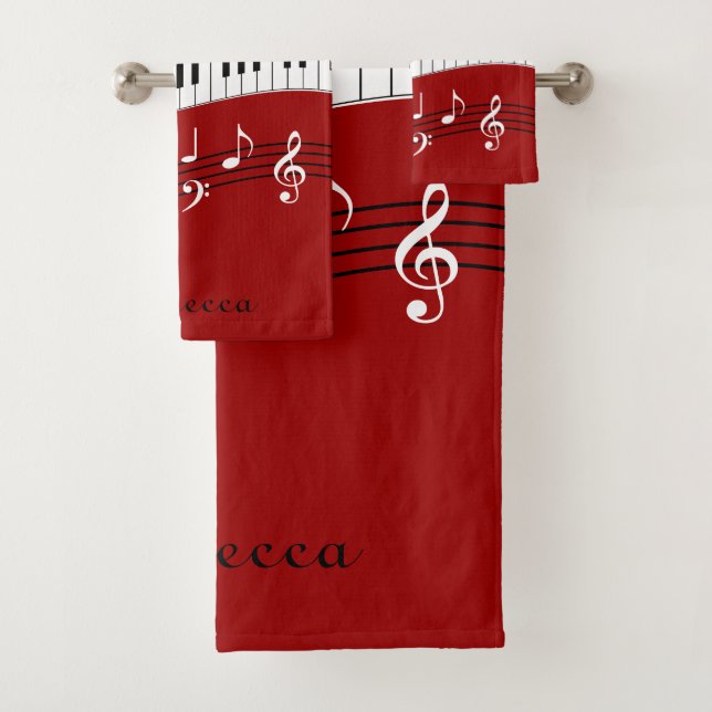 Personalized Red Black White Piano Keys Bath Towel Set (Insitu)