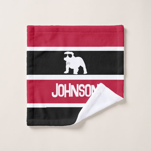 Personalized Red Black White Striped Bulldog Pup Bath Towel Set (Wash Cloth)