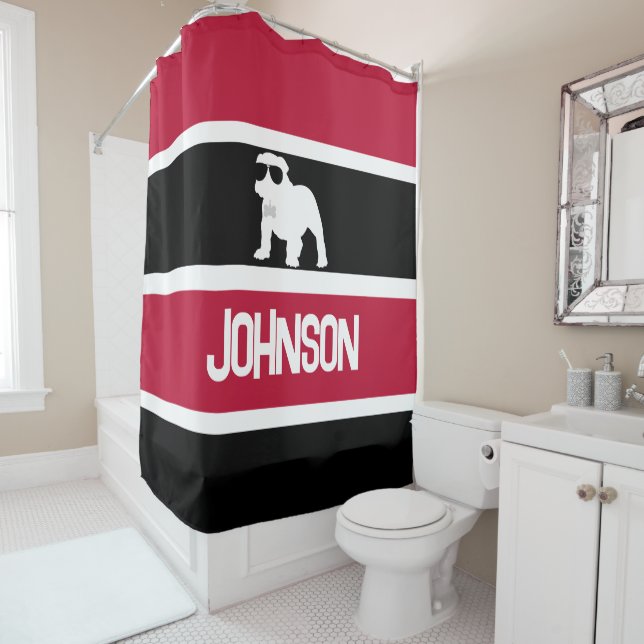 Personalized Red Black White Striped Bulldog Pup Shower Curtain (In Situ)