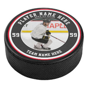 Personalized Red Black White   Team Ice Hockey Puck