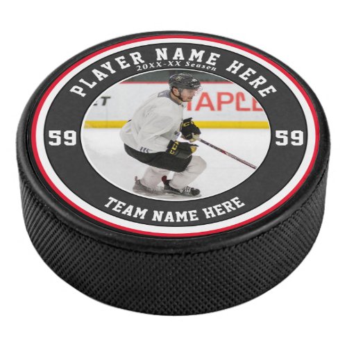 Personalized Red Black White  Team Ice Hockey Puck