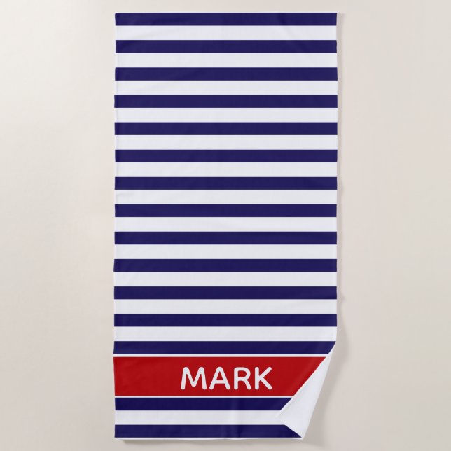 Personalized Red Blue And White Cabana Stripe Beach Towel (Front)