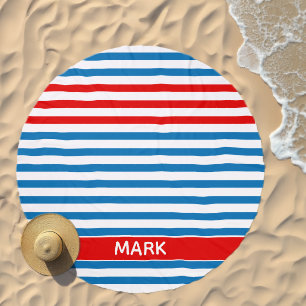 Personalized Red Blue And White Striped  Beach Towel