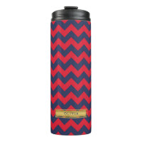 Personalized Red & Blue Chevron Faux Gold Monogram Thermal Tumbler