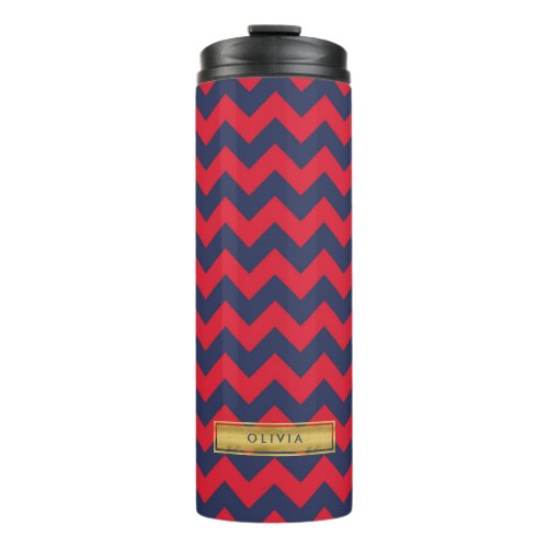 Personalized Red  Blue Chevron Faux Gold Monogram Thermal Tumbler