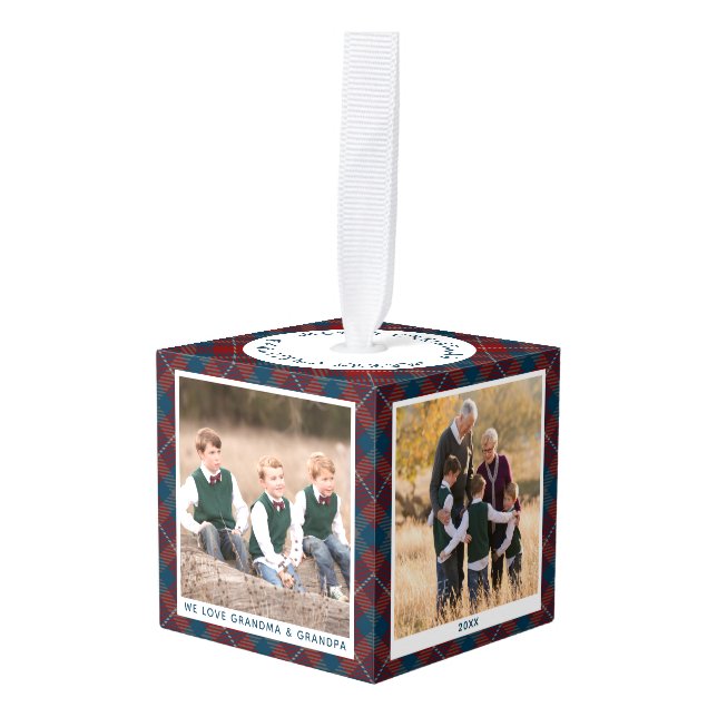Personalized Red Blue Grandparent Christmas Photo Cube Ornament (Front Angled)